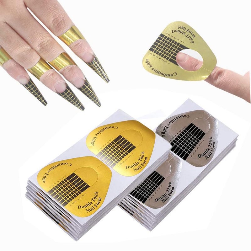 VNC 200Pcs Long Nail Forms Extension Set 100 Pcs Gold + 100 Pcs Silver Nail form guide stickers Thick Nail Art Tips Extension Forms Durable Acrylic Nail Paper Forms Numbers Marked Nail Former Stickers - Image 1